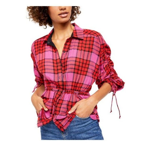 Free People Tops - FREE PEOPLE Womens Pink Ruched Plaid 3/4 Sleeve Collared Button Up Top Size: L